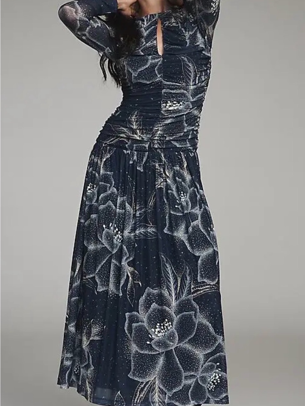 Farm rio /Anthropologie Navy Floral Ruched Long-Sleeve Maxi Dress - Picture 8 of 8